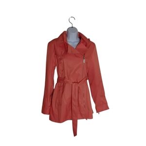 Vince Camuto Women's M Orange Zippers Lined Tie Hood Pockets Trench Coat